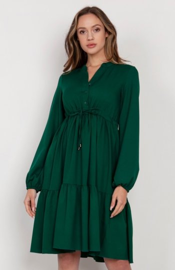 Rozkloszowana sukienka z troczkami w pasie zielona SUK203