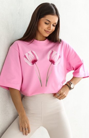 Oversizowy t-shirt Dwa Tulipany róż cukierek