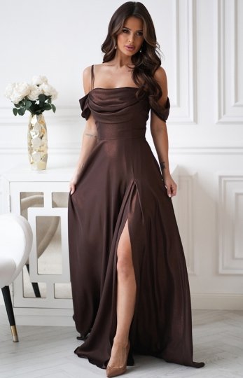 Bicotone 330 długa sukienka z opadającymi ramionami błysk brązowa