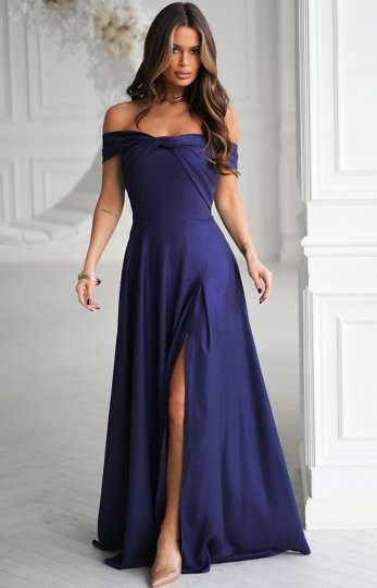 Połyskująca długa sukienka z hiszpańskim dekoltem granatowa