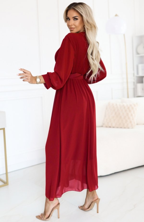 Numoco 639-1 elegancka plisowana sukienka maxi z paskiem i kopertowym dekoltem tył