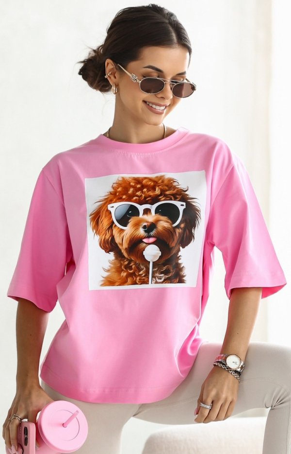 Oversizowy T-shirt z nadrukiem psa Maltipoo