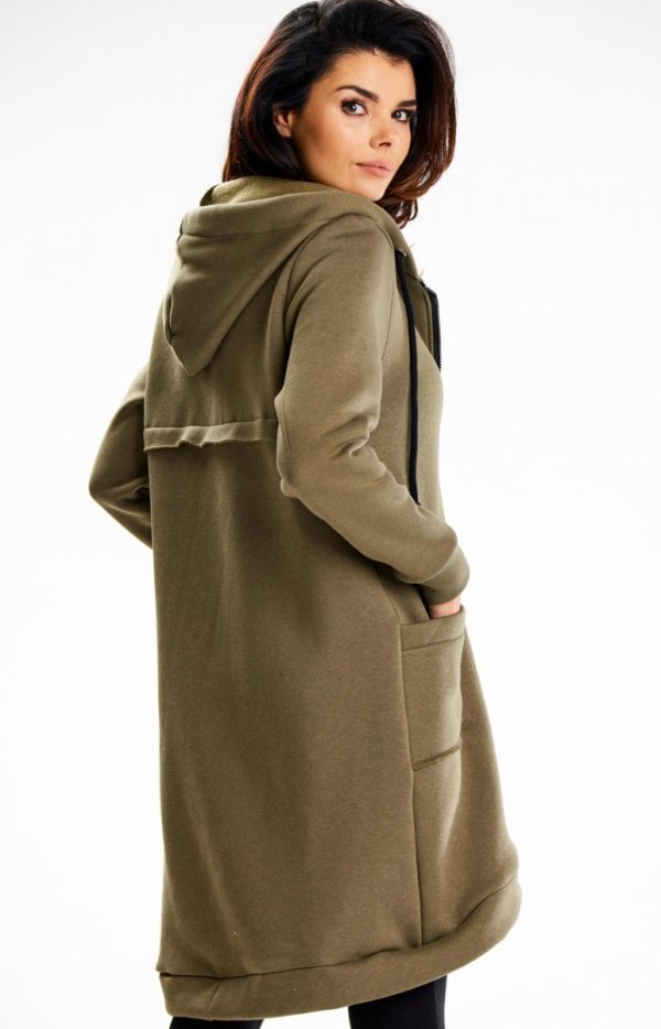 Długa bawełniana bluza z kapturem khaki M334 tył
