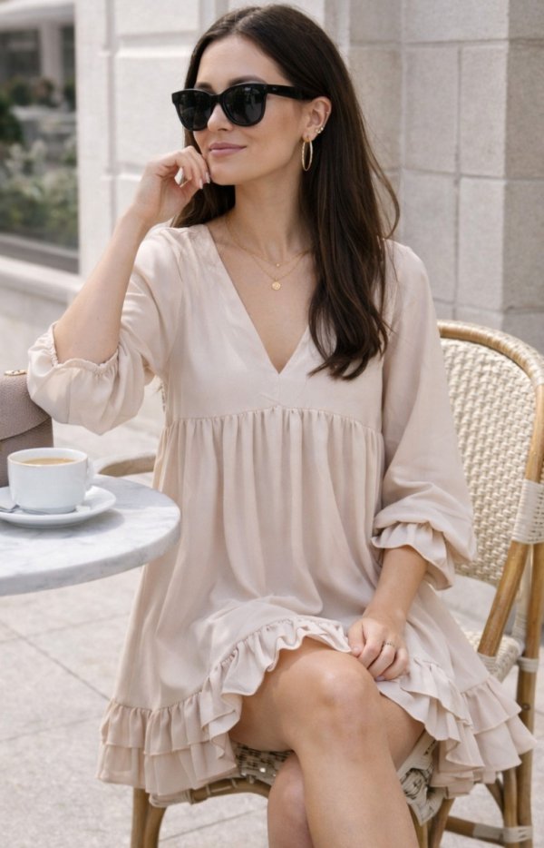 Luźna sukienka z falbanami beżowa 0238