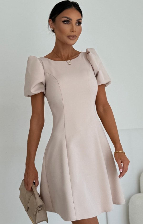 Elegancka mini sukienka z bufiastymi rękawami beżowa-2