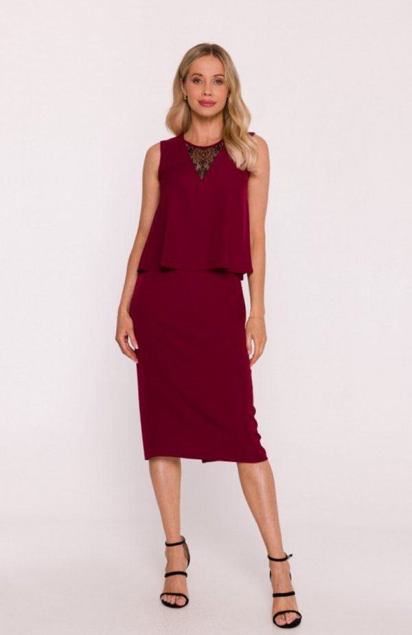Stylove S422 sukienka ze wstawką z koronki bordowa 
