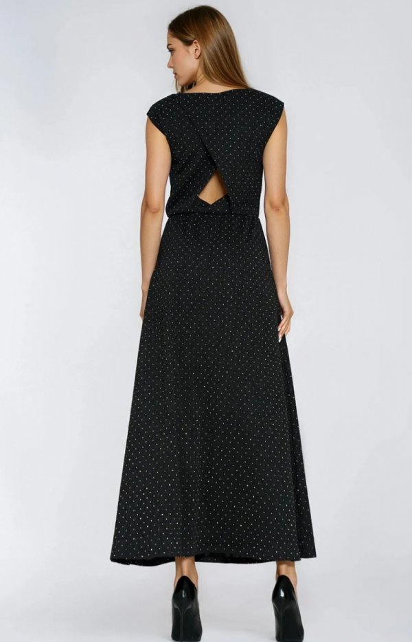 Czarna długa dzianinowa sukienka z błyszczącymi, srebrnymi dżetami tył