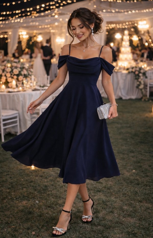 Granatowa sukienka midi z opadającymi ramionami – Bicotone-1