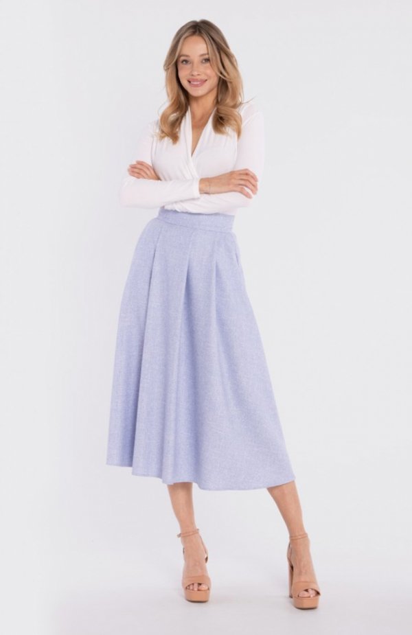 Stylove S430 rozkloszowana spódnica midi z wysokim stanem błękitna 