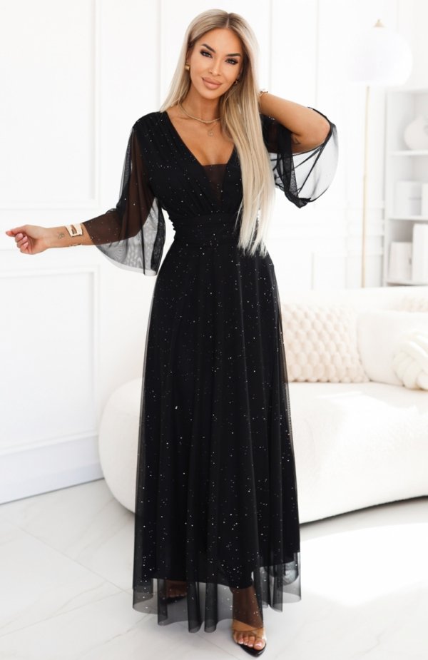 Numoco 654-5 długa połyskująca sukienka plus size z dekoltem i transparentnym rękawkiem 