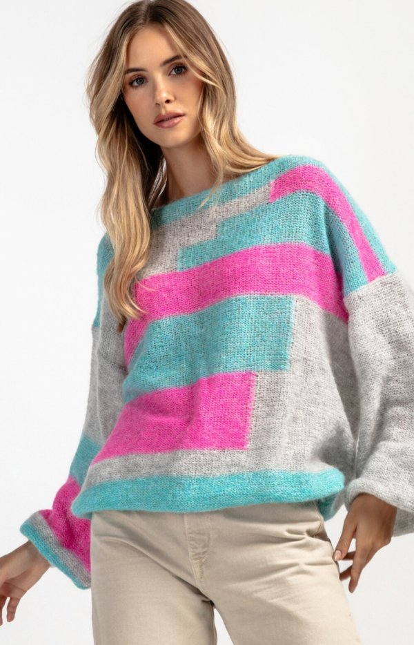 Casualowy sweter z wełny F1895 różowy
