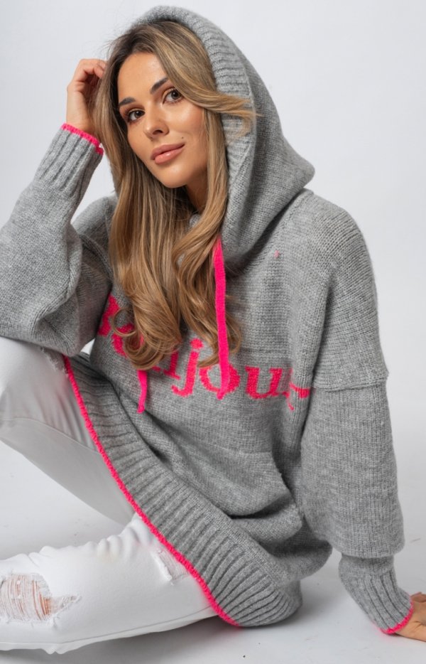 Luźny sweter damski typu bluza z kapturem Bonjour szary-1