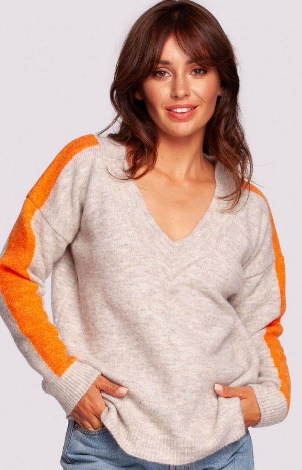 Oversizowy sweter z lampasami BK093 ecru