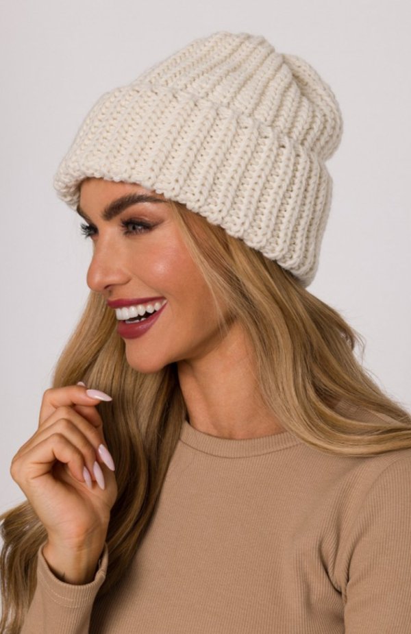 Moe czapka damska splot prążkowany ecru M895 bok