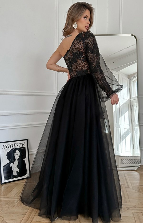 Bicotone suknia balowa na jedno ramię czarno-beżowa tył