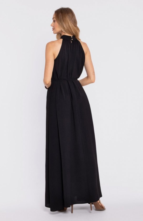 Moe sukienka maxi halter neck z paskiem czarna M915 tył