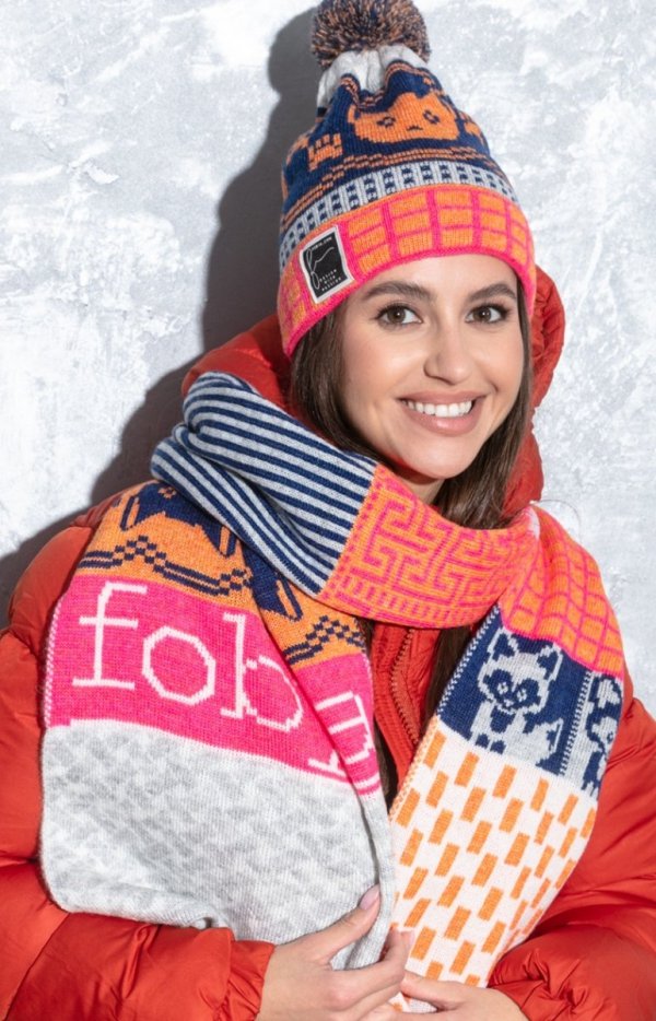 Czapka z pomponem i szal F1572 orange