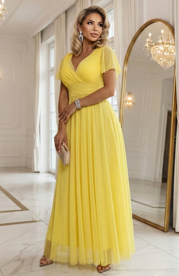 Numoco 562-8 NASTIA długa sukienka z dekoltem, wiązaniem i krótkim rękawkiem 