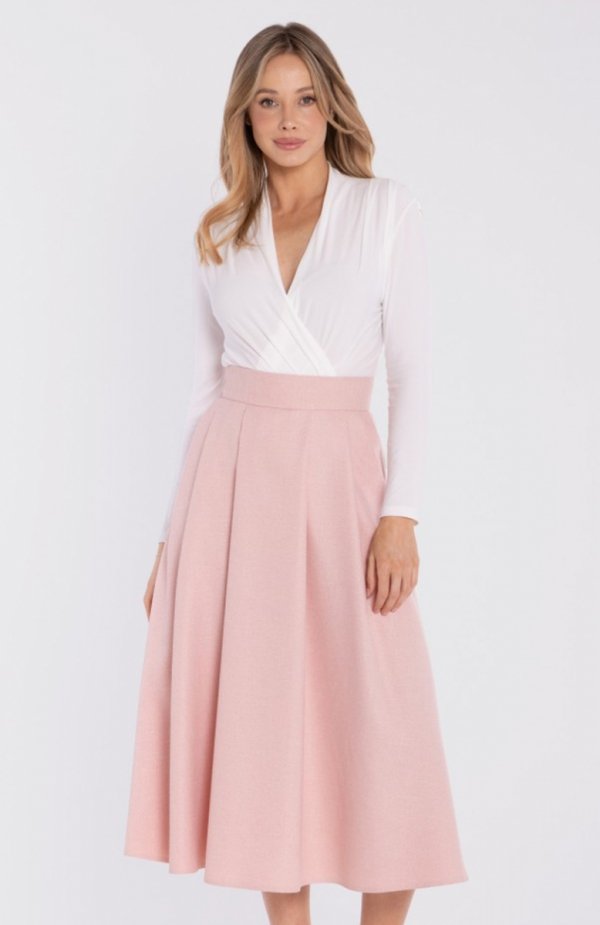 Stylove S430 rozkloszowana spódnica midi z wysokim stanem brzoskwiniowa 