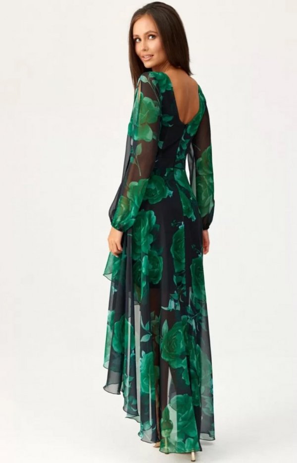Asymetryczna maxi sukienka szyfonowa w ciemne kwiaty tył