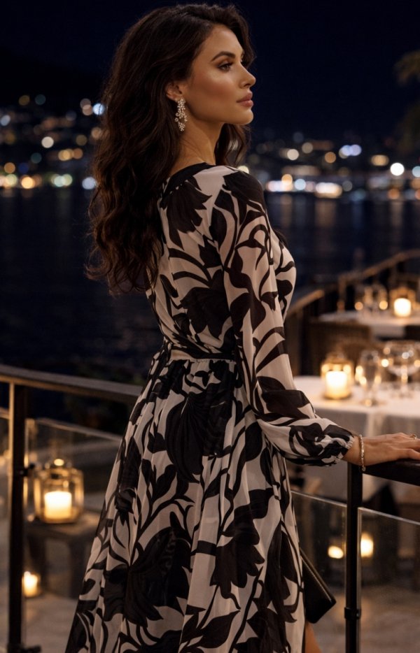 Elegancka sukienka maxi w czarno-biały print 0419/66D-2