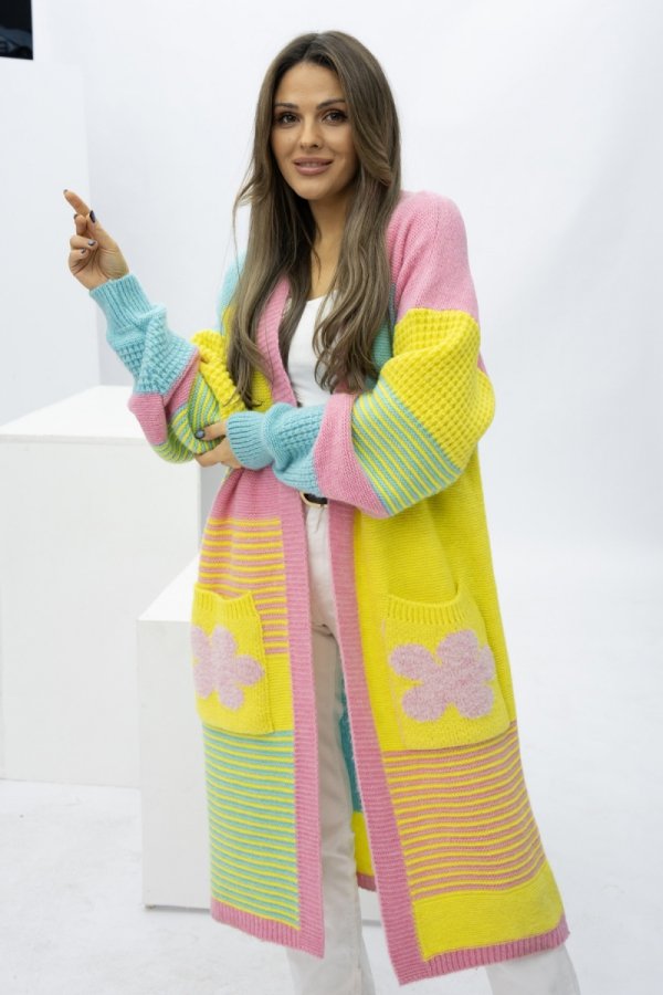 Oversizowy długi kardigan damski z kiszeniami Marbelio kolorowy-1