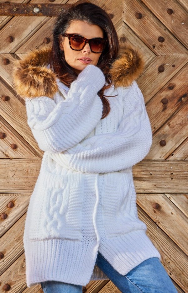 Awama A478 ciepły sweter z futerkiem biały