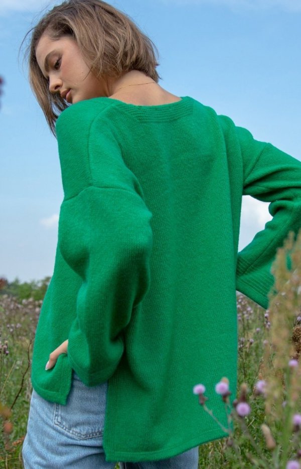 Fobya F1469 sweter damski z dekoltem zielony tył
