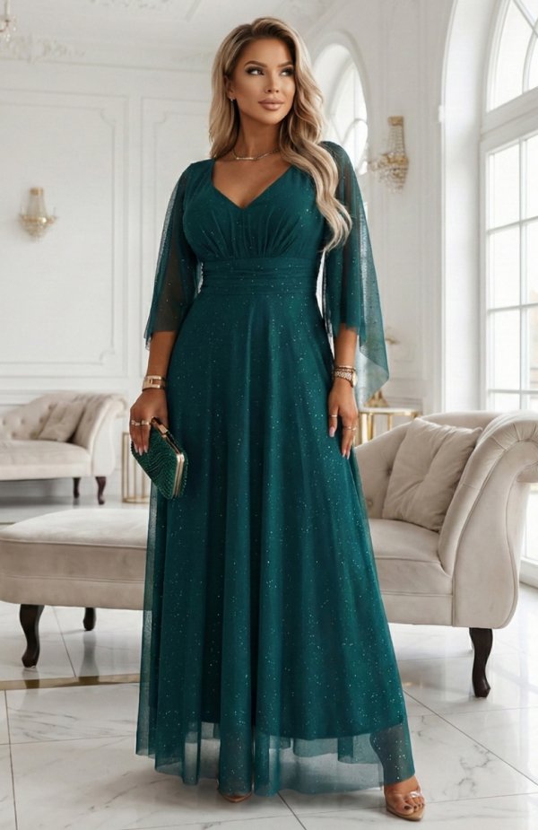 Numoco 655-2 długa połyskująca w świetle suknia z dekoltem i transparentnym rękawkiem 