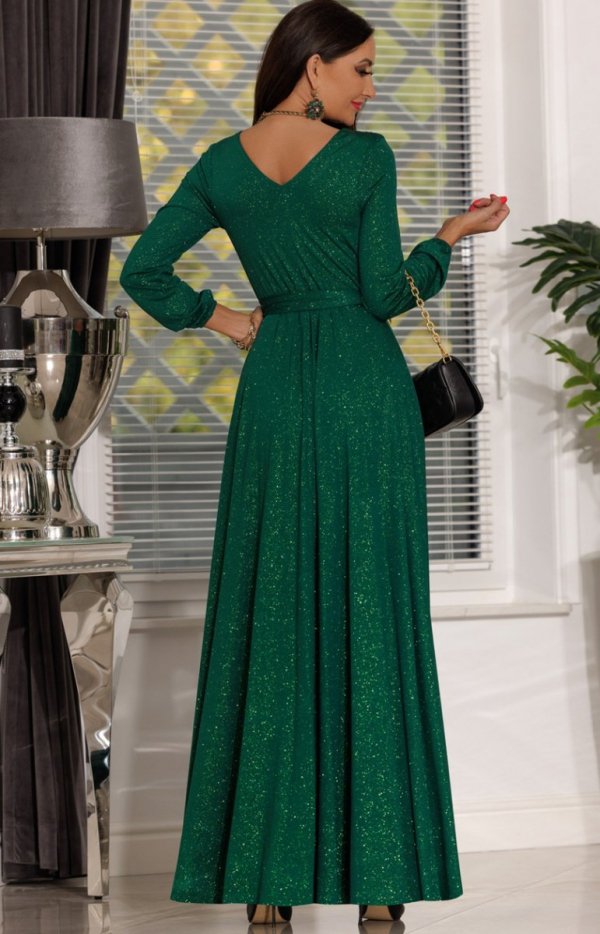 Wieczorowa długa sukienka brokatowa Salma butelkowa zieleń tył