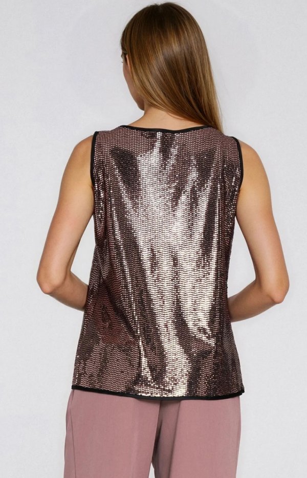 Błyszcząca bluzka na szerokich ramiączkach miedziana tył