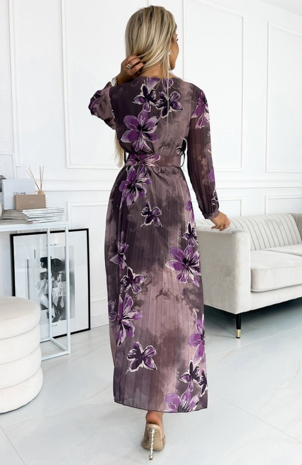 Numoco 520-1 plisowana szyfonowa długa sukienka z dekoltem, długim rękawkiem i szerokim paskiem tył