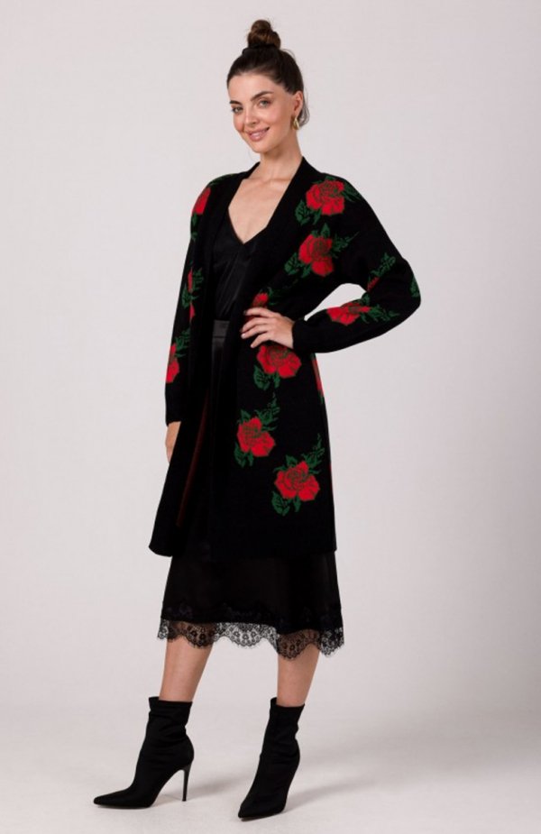 Be Knit BK102 długi kardigan w róże czarny 