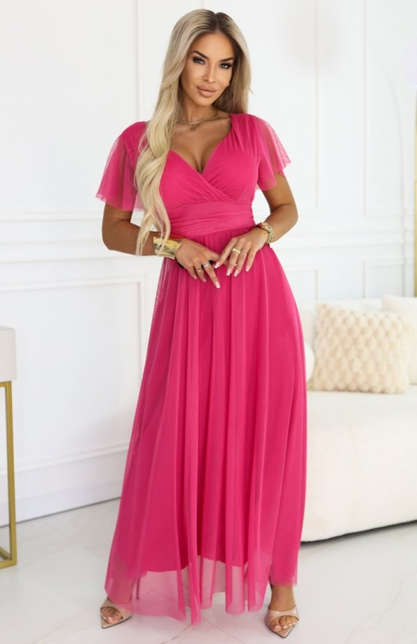 Numoco 562-9 NASTIA długa sukienka z dekoltem, wiązaniem i krótkim rękawkiem 