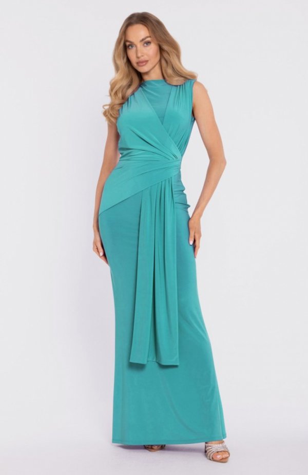 Moe sukienka maxi z drapowaniem i podkreśloną talią turkusowa M913 