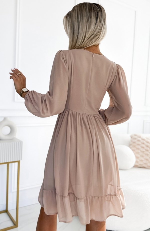 Numoco 538-1 MILA szyfonowa sukienka midi z długim rękawkiem i dekoltem tył