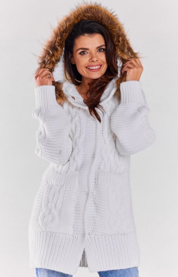 Awama A478 ciepły sweter z futerkiem biały-1