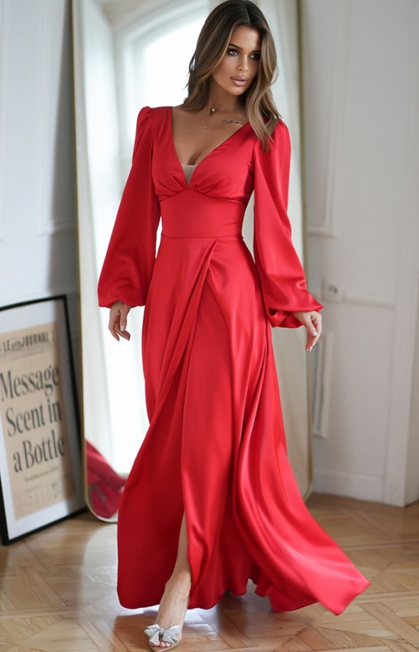 Bicotone satynowa sukienka z długim rękawem czerwona-1
