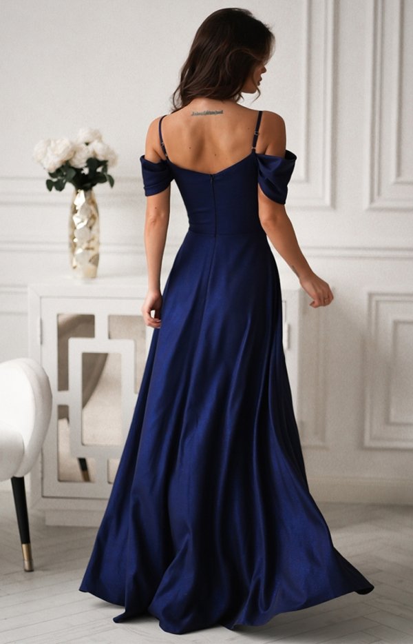 Bicotone 330 długa sukienka z opadającymi ramionami błysk granatowa-4