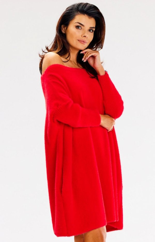 Awama A618 oversizowa sukienka sweterkowa czerwona-1