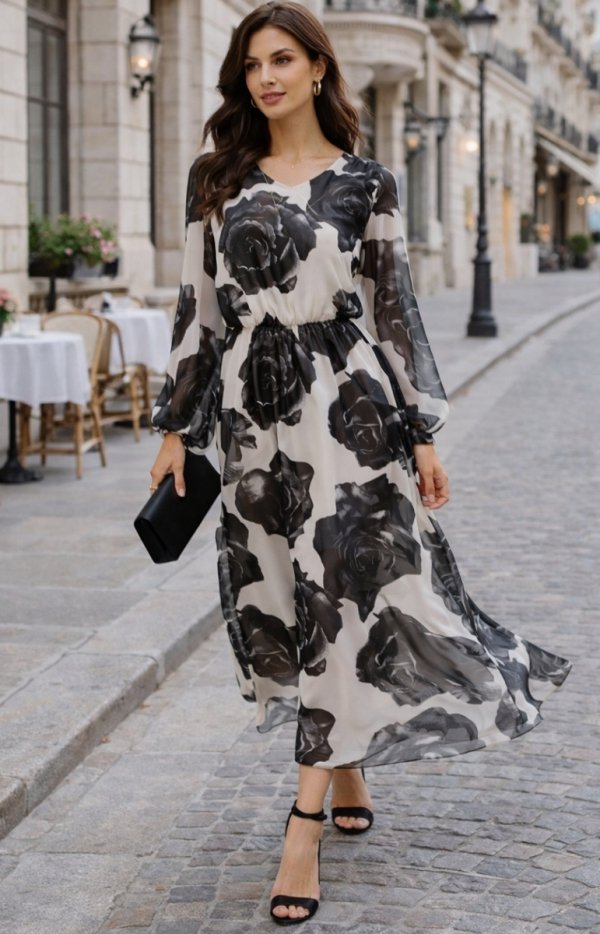 Paris Elegance – Szyfonowa Sukienka Maxi w Kwiaty 72D przód