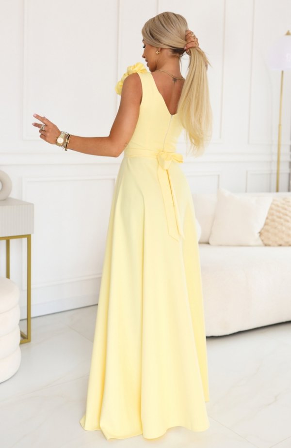 Numoco 643-5 elegancka wieczorowa suknia maxi z rozcięciem i różami tył