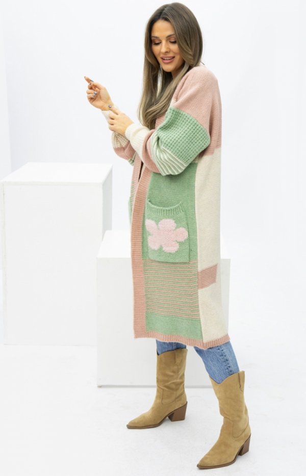 Oversizowy długi kardigan damski z kiszeniami Marbelio oliwka - polska marka-2