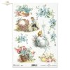 spring, Easter, spring motifs, Easter motifs, retro, vintage, village, wheelbarrow, boy, chicks, chickens, eggs, Easter eggs, forget-me-nots