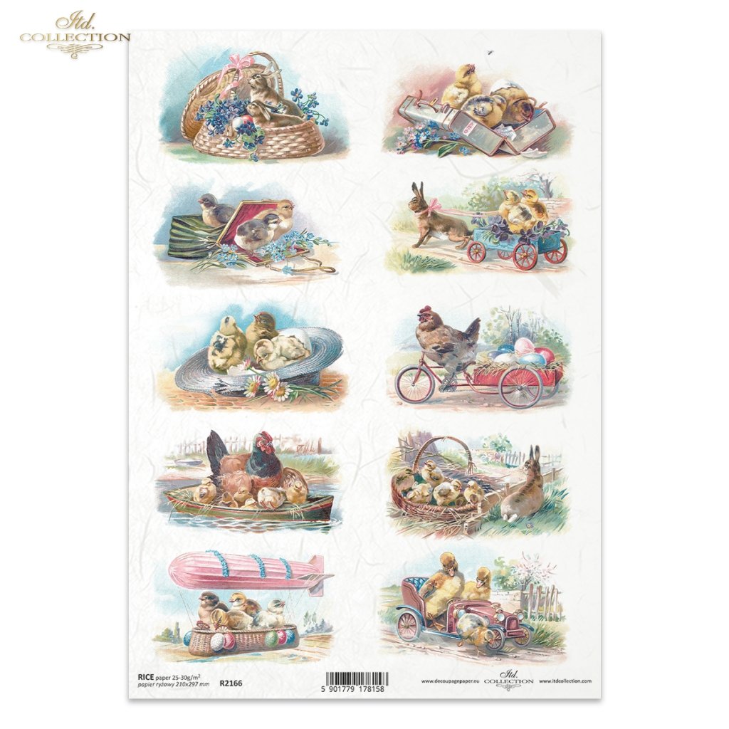 Rice paper R2166*vintage, hens, hares, chickens, travel