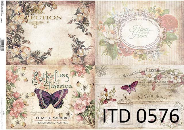 papel decoupage clásico D0576 - flores, mariposas, marcos decorativos,  Vintage