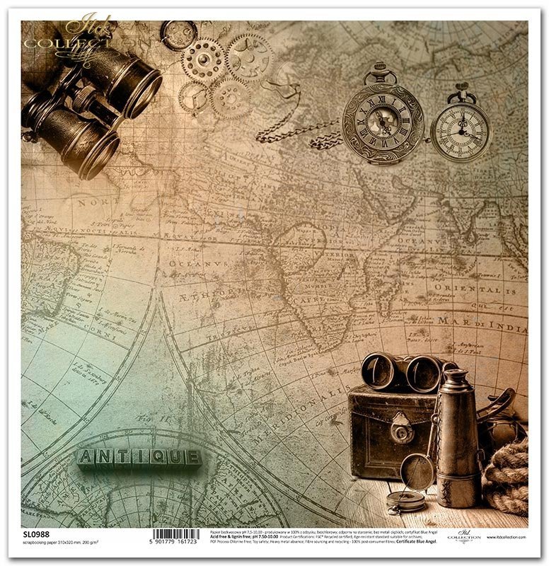 papel para scrapbooking * Papel SL0988 * Serie - Expedición Náutica -  brújula, prismáticos, relojes, mapa, vintage, papel pintado, fondo