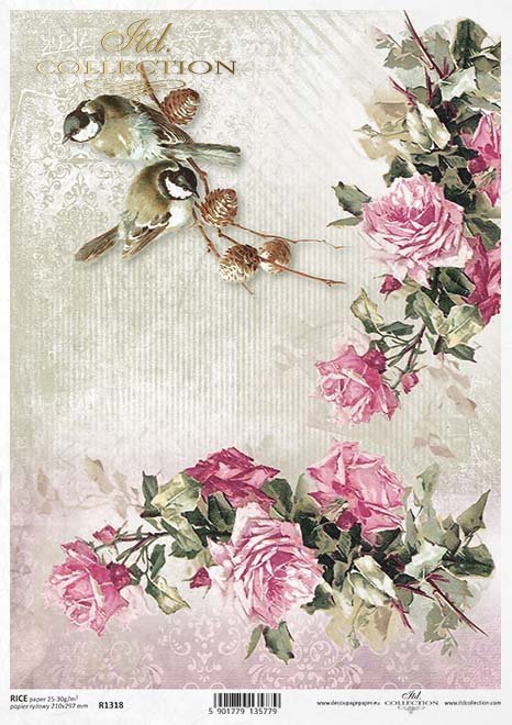 Papel Decoupage Arroz R1318 * flores, rosas, pájaros