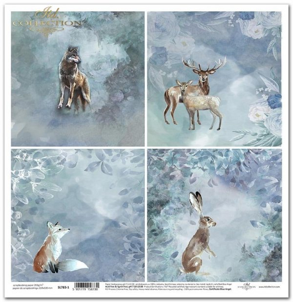 Seria Niebieskie Święta - noc wigilijna, zima, leśne zwierzęta, lis, sarna, wilk, zające, niebieskie listki * Series - Christmas in blue - christmas, christmas night, winter, forest animals, fox, roe deer, wolf, rabbits, blue leaves