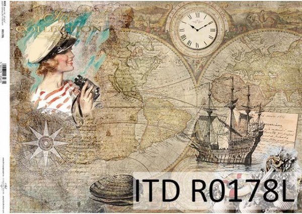 Papier decoupage Vintage, stare mapy, żaglowiec, muszelki*Vintage decoupage paper, old maps, sailing ship, shells